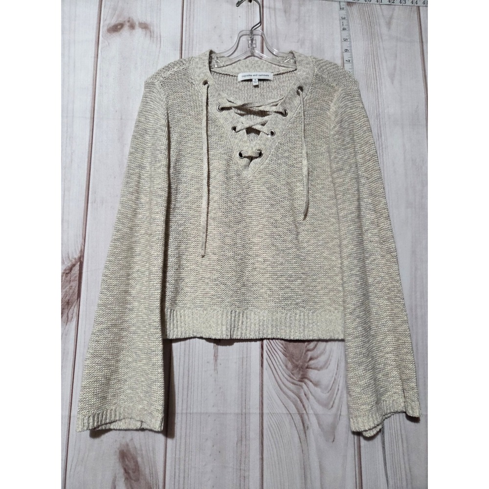Cupcakes and Cashmere Cream Knit Lace‎ Up Bell Sleeve Sweater